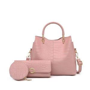 Pink crocodile pattern 3-piece bag set with tote, zipper wallet and round coin pouch