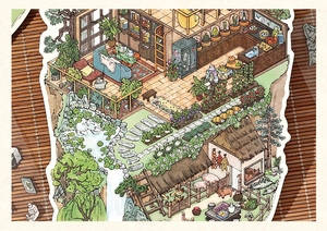 Detail of isometric watercolor cottage stickers featuring cozy farm and garden scenes