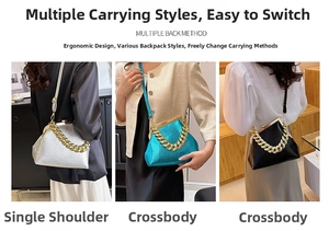 Detailed views of glossy leather handbag with gold chain strap in three color options