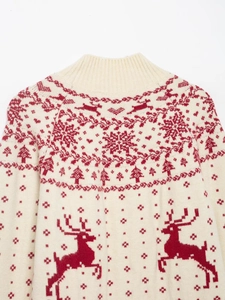 Detail of crewneck Christmas knit sweater with red reindeer and snowflake jacquard patterns