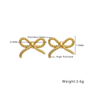 Polished gold stainless steel bow stud earrings with textured rope design for women