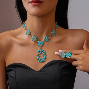 Parure Bijoux Collier Et Boucles D'oreilles Alliage Résine Strass Ovale Ajouré Vintage Style Palais Femmes Tige En Argent