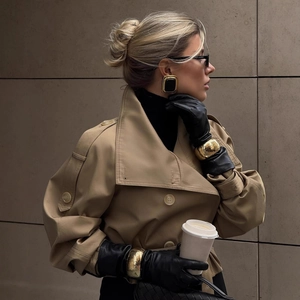 Femme Court Trench Coat Mélange Coton Double Boutonnage Avec Ceinture Revers Mode Décontracté Manches Lanternes Kaki