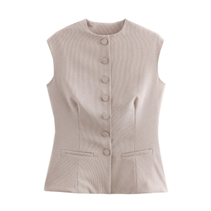 Gilet beige a quadri stile British slim fit con scollo rotondo per donna