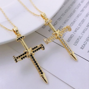 Hip hop nail cross pendant necklace with micro-paved zircons in 14K gold finish