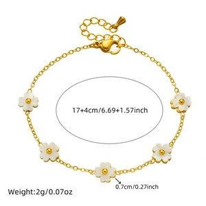 Gold stainless steel flower bracelet with white shell pendants and 17+4cm adjustable chain