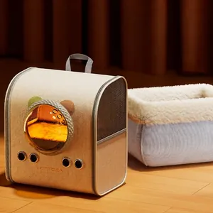 Borsa beige per gatti con finestra a bolla e fodera in peluche rimovibile per l'inverno