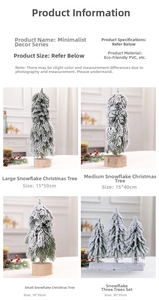 Close-up of three mini flocked Christmas trees with real wood bases and artificial snow