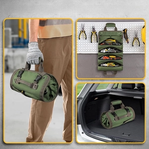 Green canvas roll-up tool bag with zipper pockets for portable storage and car use