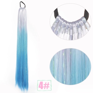 Detail of 70cm gradient blue laser silk ponytail hairpiece showing texture and elastic band