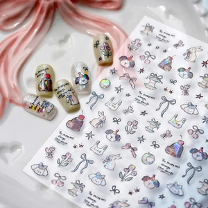 Nail Art Stickers 3D Holographic Laser Adhesive Decals Cartoon Puppy Bunny Bow Flower Cute Korean Style Y2K Aesthetic Decorations