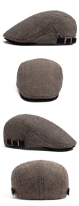 Detailed views of brown herringbone newsboy cap showing texture and adjustable strap