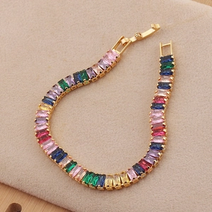Fashion double-row colorful rectangle zircon tennis bracelet in 14K gold-plated setting