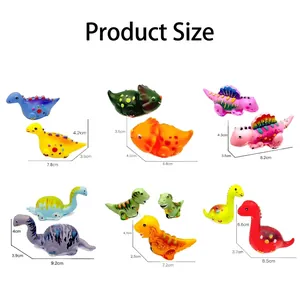 Miniature dinosaur toy car set with detailed size dimensions for six colorful models
