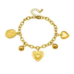 Detailed close-up of a gold stainless steel chain bracelet with rose engraved charm and hearts