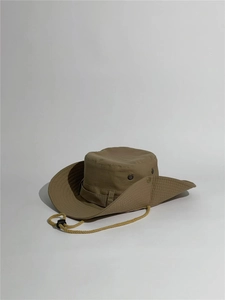 Detail of khaki outdoor sun hat with adjustable windproof rope and metal eyelets