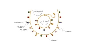 Detailed size guide for gold jewelry set with multi-colored zircon stones and tassels