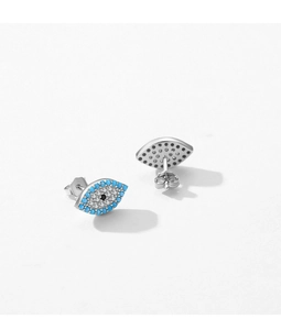 Detailed close-up of S925 sterling silver evil eye stud earrings with blue and clear gems