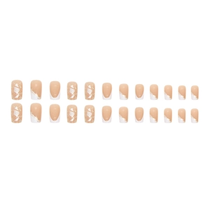 Square mid-length white French press-on nails with gold glitter and shell patterns