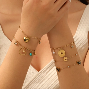 Edelstahl Armband Herz Stern Mond Anhänger 18K Vergoldet Zirkon Künstliche Perle Türkis Böhmischer Schmuck Damen