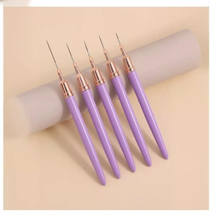 Set of 5 purple nail art liner brushes with rose gold metal ferrules for detail painting