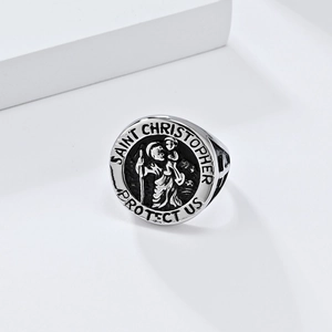 Vintage Saint Christopher protector ring in polished stainless steel for men with engraving