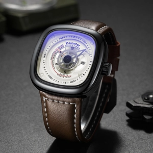 Detail of square quartz watch featuring a premium brown leather strap and luminous dial