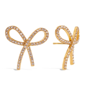 Sparkling gold bow earrings with clear rhinestones shown in front and side views
