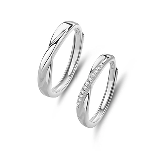Polished S925 sterling silver Mobius couple rings with adjustable open band and zircon