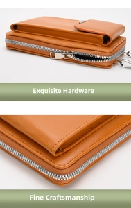 Detail of the high-quality stitching and dual silver zippers on a brown leather phone bag