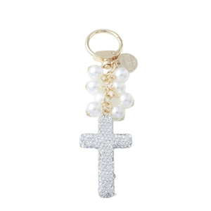 Beaded bow cross keychain with white pearls and sparkling rhinestones for bags