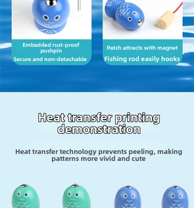 Detail of wooden magnetic fish toy with heat transfer print and rust-proof metal parts