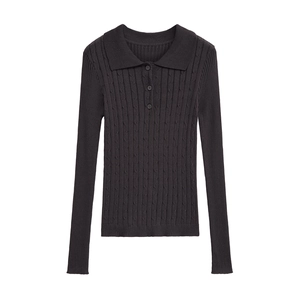 Classic black long sleeve polo knit sweater with button collar and cable stitch pattern