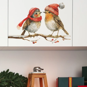 Winter robin birds on snowy branches wall decal with watercolor holiday theme decoration