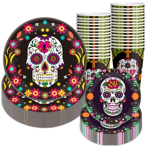 Day of the Dead party tableware set with sugar skulls on plates and paper cups