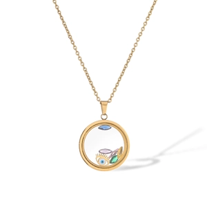 Gold-plated stainless steel necklace with round evil eye pendant and colorful stones
