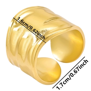 Detail view of 1.6cm wide gold stainless steel ring with hammered texture and open size