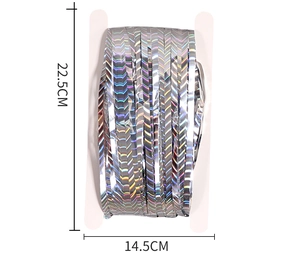 Detail of holographic silver fringe curtain on white card with 22.5cm x 14.5cm dimensions