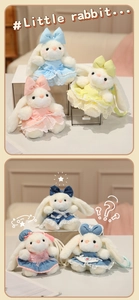 Collection of plush bunny dolls with lace dresses and oversized bows in assorted colors