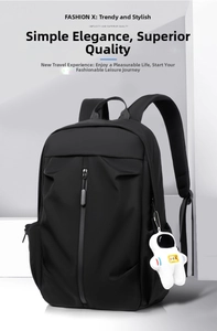 Detail of waterproof zipper and astronaut plush charm on black street style backpack