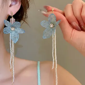 Blue mesh flower earrings with crystal tassels and long drop dangle design for women
