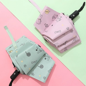 Pink and light cyan automatic folding umbrellas with cute cartoon cat and meow patterns