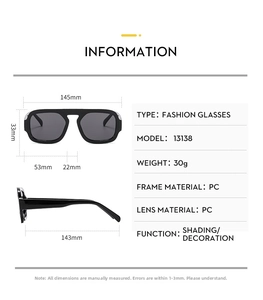 Detailed size chart of chic black sunglasses showing lens dimensions and temple length