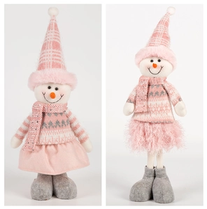 Detail of pink knitted snowman plush decorations with soft fur textures for Christmas