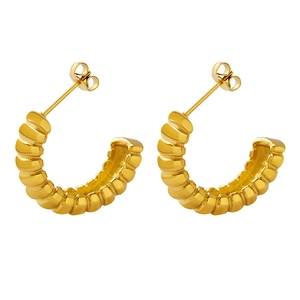 Elegant gold-plated C-shaped ribbed hoop earrings with polished spiral texture for women