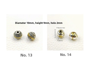 Détail de perles d'espacement bicolores montrant les dimensions et le diamètre du trou
