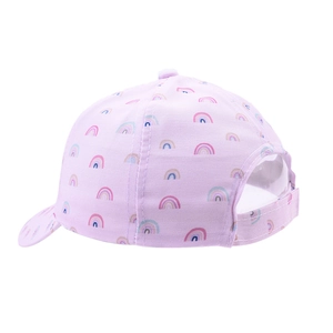 Detail of lavender baby baseball cap featuring colorful rainbow prints and adjustable strap