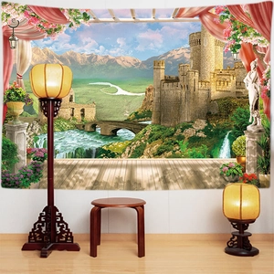 Classic European castle landscape tapestry shown hanging on a wall in a cozy room decor