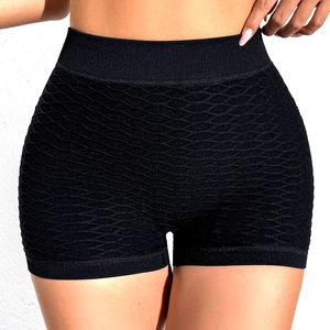 High waist black textured yoga shorts for women with honeycomb pattern and lifting effect