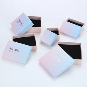 Pink to blue gradient jewelry gift boxes with gold foil Best Wishes text and foam inserts